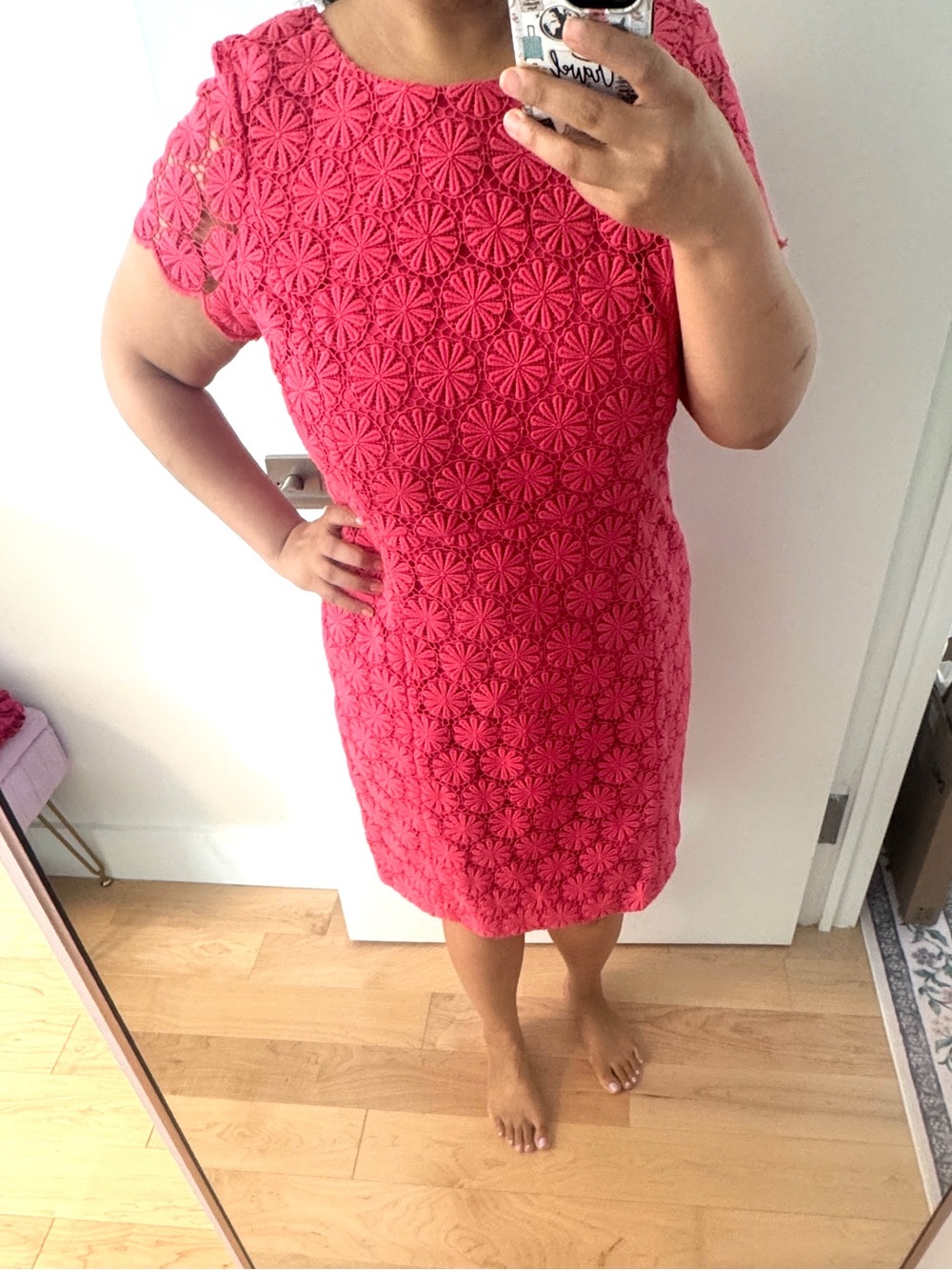 Talbots Bright Pink Floral Crochet Shift Dress